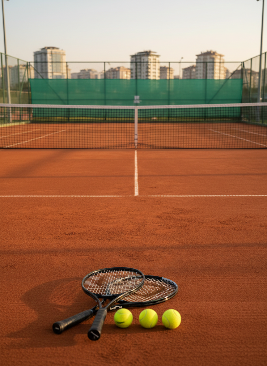 A freshly swept clay tennis court in Çankaya, Ankara, its rich terra-cotta surface meticulously lined with crisp, bright white markings, stretches toward a taut professional-grade net. Two high-quality tennis rackets and three new optic-yellow balls rest neatly near the baseline, emphasizing readiness for both private and group lessons. Late afternoon natural light bathes the court, casting long, gentle shadows from the net posts and fence. The background shows a softly blurred view of green windbreak screens and distant city buildings. Shot at eye level with slight depth of field, the composition is balanced and inviting. The photographic realism and clean, modern style convey professionalism, precision, and focus on quality tennis training.