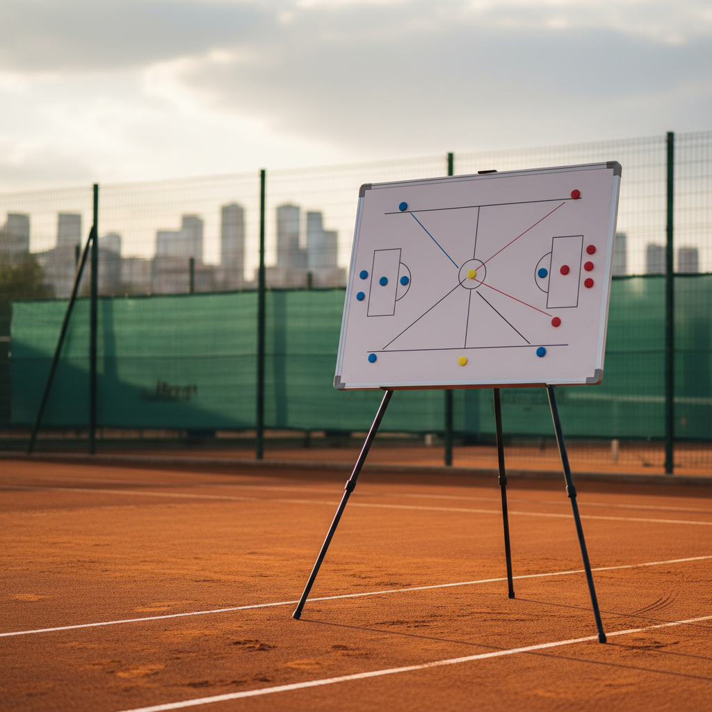 A professional tennis tactics whiteboard standing courtside in Çankaya, its smooth magnetic surface cleanly marked with colored strategy lines and small magnetic icons representing players and ball trajectories. The whiteboard is mounted on a sleek metal stand, positioned on the edge of a clay court where the carefully groomed surface and bright white lines are visible. Late afternoon golden light gently illuminates the board, creating subtle reflections on the metal frame and casting a soft shadow on the ground. In the background, the court fence and a blurred city skyline hint at Ankara’s urban setting. Shot at eye level with a moderate depth of field, the composition is clean and balanced. The photographic, modern aesthetic conveys analytical, professional coaching focused on tactics and smart play.