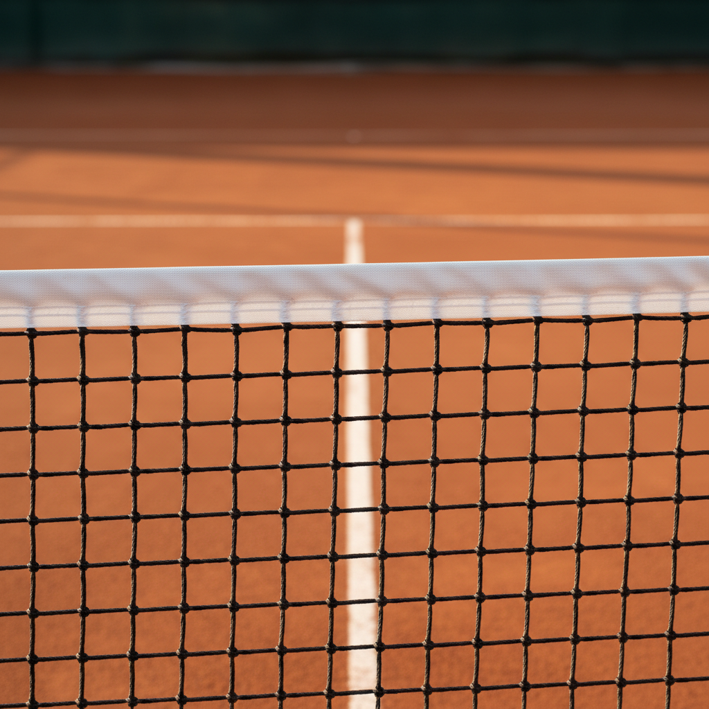 A close-up, photographic view of a pristine tennis net on a Çankaya court, its tightly woven white mesh and thick canvas band sharply in focus, revealing every texture and stitch. Beyond the net, the clay surface with perfectly maintained white lines leads to a distant baseline, slightly blurred to create depth. Early morning diffused sunlight creates soft highlights along the net cord and subtle, directional shadows on the court. The mood is calm, focused, and professional, ideal for showcasing the start of a dedicated training session. Shot from a low angle right at net height, using a shallow depth of field and minimalist composition, the image emphasizes precision, structure, and high-quality tennis coaching in a clean, modern, photographic realism style.