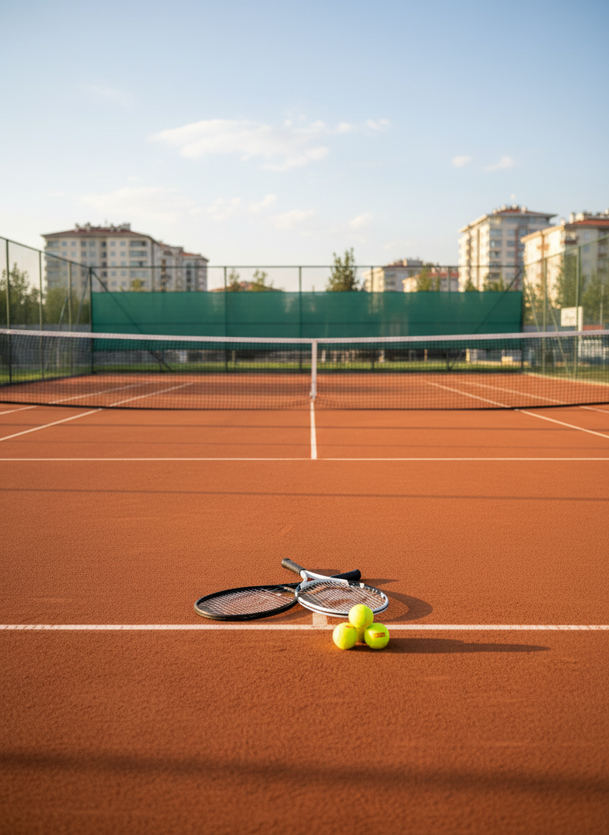 A freshly swept clay tennis court in Çankaya, Ankara, its rich terra-cotta surface meticulously lined with crisp, bright white markings, stretches toward a taut professional-grade net. Two high-quality tennis rackets and three new optic-yellow balls rest neatly near the baseline, emphasizing readiness for both private and group lessons. Late afternoon natural light bathes the court, casting long, gentle shadows from the net posts and fence. The background shows a softly blurred view of green windbreak screens and distant city buildings. Shot at eye level with slight depth of field, the composition is balanced and inviting. The photographic realism and clean, modern style convey professionalism, precision, and focus on quality tennis training.