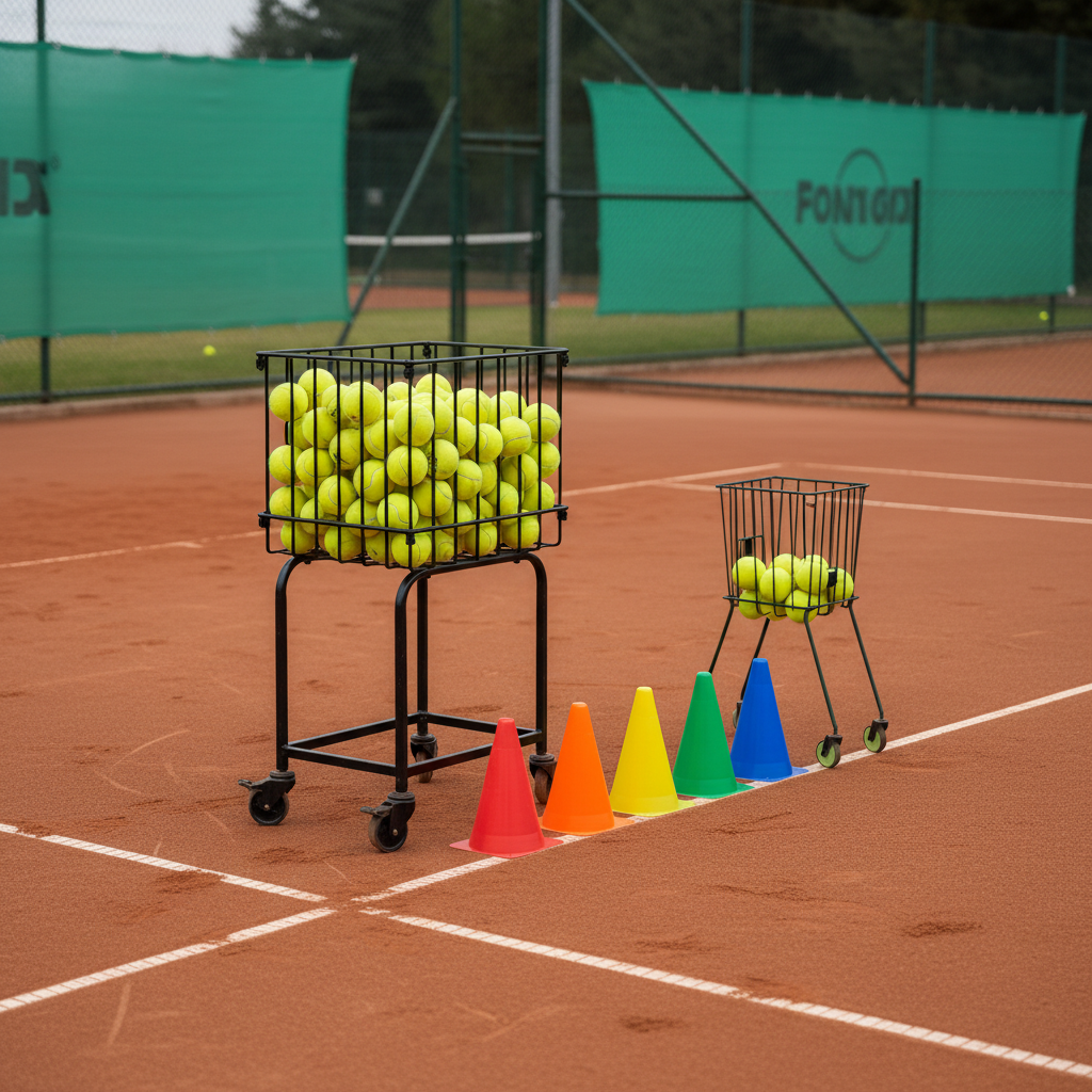 A neatly organized training corner on a Çankaya tennis court, featuring a sturdy black metal ball cart overflowing with bright, fresh tennis balls, a row of color-coded training cones, and a modern ball hopper positioned beside the service line. The clay surface shows subtle scuff marks from recent drills, adding authenticity without clutter. Soft overcast daylight evenly illuminates the scene, minimizing harsh shadows and highlighting details of the equipment. The background reveals a blurred perimeter fence and green windbreak banners, keeping the focus on the tools of structured practice. Captured from a slightly elevated angle with sharp focus throughout, the composition feels orderly and purposeful. The photographic realism and clean, professional aesthetic communicate serious, well-organized private and group tennis lessons.