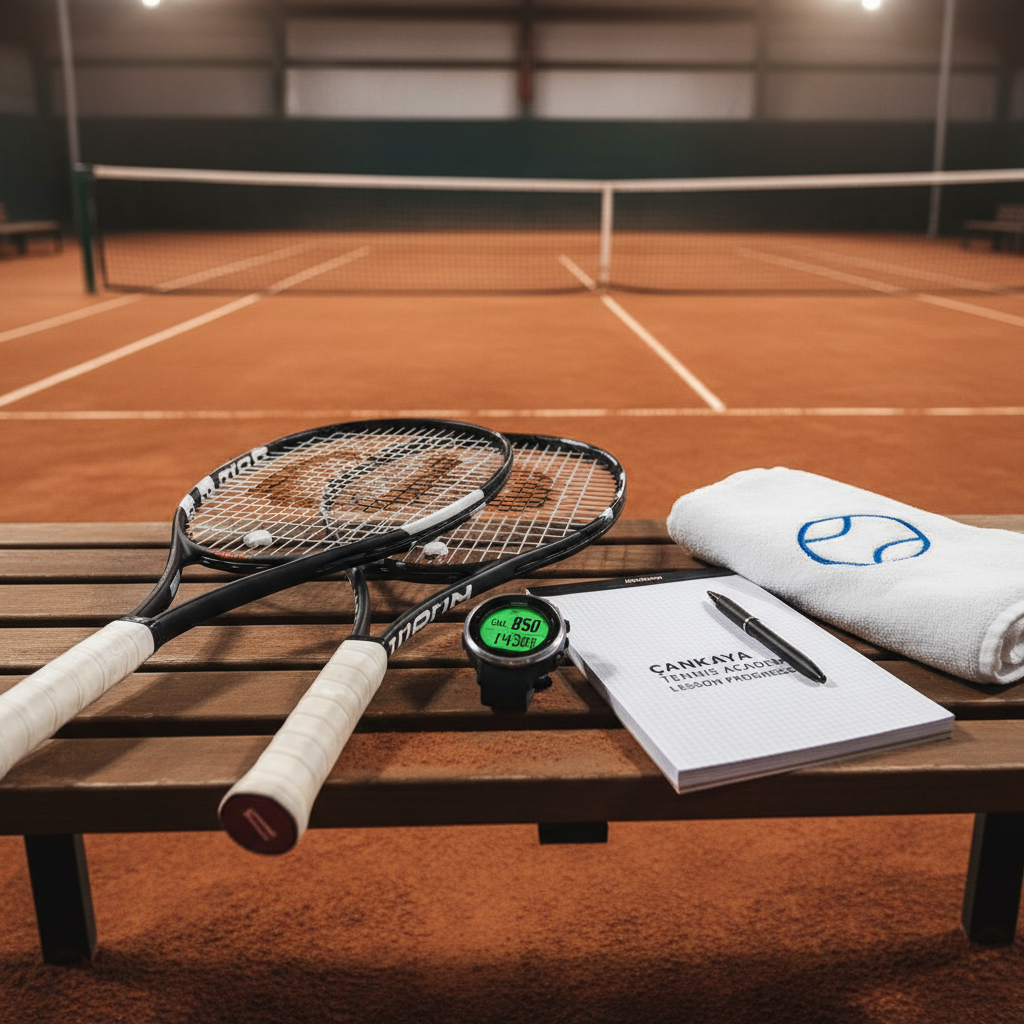 A detailed close-up of an advanced tennis player’s gear neatly arranged on a courtside bench in Çankaya: two high-performance rackets with different string patterns, a digital sports watch, a lined notebook with a pen for tracking lesson progress, and a neatly folded sweat towel. The bench’s smooth wooden slats contrast with the textured clay court beneath, where fine red dust collects along the edges. Soft, directional evening light from overhead court floodlights creates a professional training atmosphere, adding gentle highlights to the racket frames and watch screen while casting defined shadows. The background shows a subtly blurred view of the court and net under lights. Captured from a slightly elevated angle with shallow depth of field, the photographic realism and organized composition evoke seriousness, progression, and individualized tennis coaching.